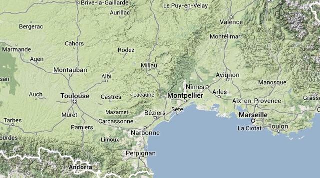 Midi Pyrénées et Languedoc Roussillon pourraient fusionner en une nouvelle grande région. Photo Toulouse7.com (c) Google Maps