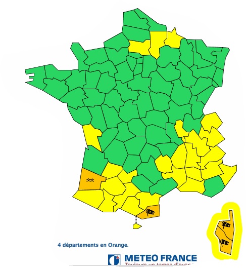 Landes Pyrénées Orientales Corse en alerte météo orange