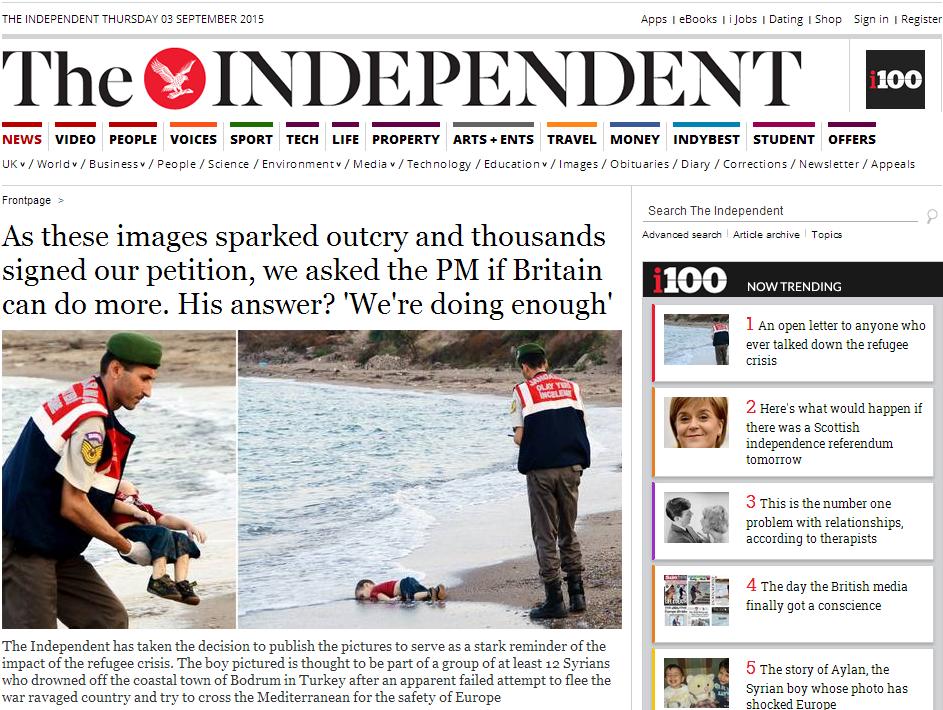 La Une choc du journal The Indépendant ce jeudi 03 septembre 2015 fait le tour du monde. Photo capture d'écran