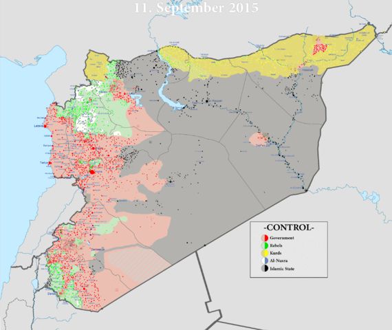 De facto l'Etat Islamique est installé en Etat indépendant entre Syrie et Irak Carte septembre 2015 « Syrian civil war » par Syria location map2.svg: User:NordNordWestFile:2011 Libyan Civil War.png: User:Spesh531derivative work: --Spesh531, My talk, and External links — Ce fichier est dérivé de: Syria location map2.svgEn:Module:Syrian_Civil_War. Sous licence GFDL via Wikimedia Commons.