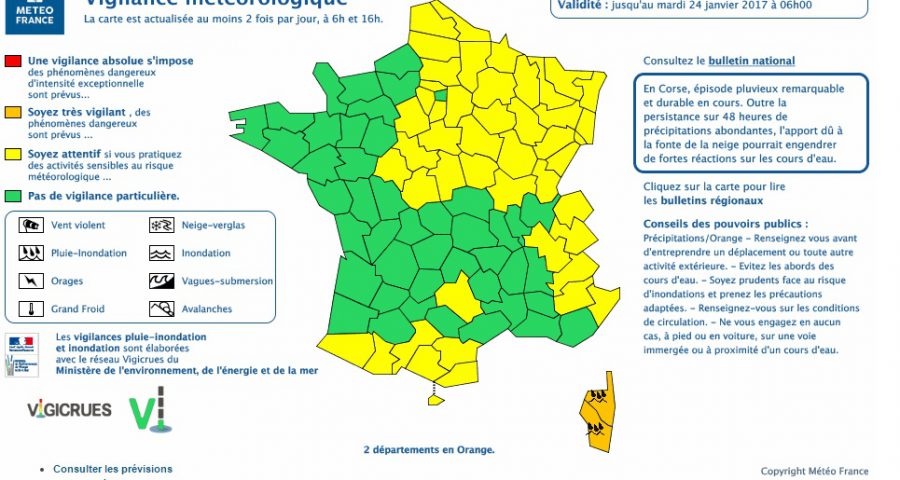 Fortes Pluies Inondations. la Corse reste plac&eacute;e en alerte m&eacute;t&eacute;o vigilance orange