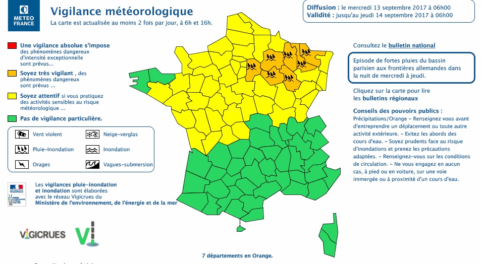 Alerte aux fortes pluies, 7 départements en vigilance orange Alerte aux fortes pluies, 7 départements en vigilance orange