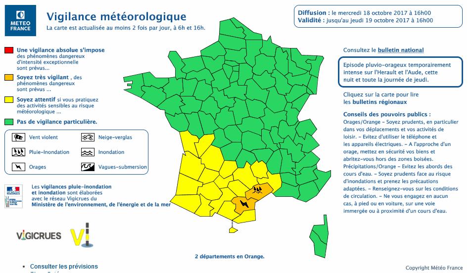 Orages Inondations. Aude et Hérault en alerte vigilance orange Orages Inondations. Aude et Hérault en alerte vigilance orange