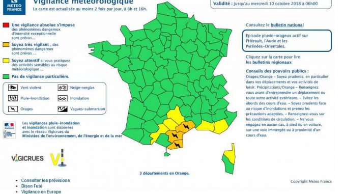 Haute Garonne et Tarn en alerte vent violent. Aude, Hérault et PO en alerte orange orages Ce Mardi, il est prévu que les orages perdurent sur l'ouest de l'Hérault et l'est de l'Aude, et touchent en partie les Pyrénées Orientales entre le Vallespir et les Corbières notamment. La chronologie de ces salves orageuses et leur localisation précise reste cependant délicate à cette échéance de prévision. Les averses restent assez fortes et peuvent donner 30 à 50 mm de pluie en peu de temps sur ces régions. Les cumuls les plus forts attendus aujourd'hui sont de 50 à 80 mm, voire localement 100 à 130 mm en pointe. Outre les cumuls de pluie et l'activité électrique, quelques chutes de grêle et des rafales de vent sont possibles. A noter qu'une période d'accalmie est probable en fin de journée. Mais une réactivation marquée, avec des orages qui devrait être bien plus actifs, est attendue en cours de nuit de mardi à mercredi puis pour la journée de mercredi.