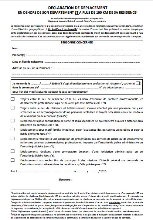 Déplacement au delà de 100 km voici l'attestation à remplir