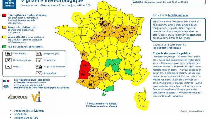 Inondations Toulouse et le 31 en alerte orange, 2 départements en alerte rouge Dimanche, la nouvelle dégradation pluvio-orageuse se met en place par le sud-ouest. Les pluies, souvent modérées, parfois fortes, débordent des Pyrénées vers la plaine, jusque vers la vallée de la Garonne et la bassin aquitain, et prennent un caractère orageux. Entre dimanche matin et lundi mi-journée, les périodes de fortes précipitations s'enchaînent, donnant des cumuls importants, voire parfois exceptionnels sur le sud-ouest, où leur répétition et la durée sont l'enjeu dominant, le caractère orageux étant noyé dans la masse. Quelques rafales de vent vers 60/70 km/h sont possibles ainsi que des chutes de grêle sous les orages les plus virulents. Aquitaine, Gers, Haute-Garonne, Tarn : Dimanche après-midi, les intensités des pluies pourraient atteindre 20 à 30 mm (ou litres/m²) par heure. A partir de la soirée et nuit de dimanche à lundi, les intensités seront moins fortes, et les cumuls de pluie s'inscriront dans la durée. On attend ainsi sur l'ensemble de l'épisode, 50 à 80 mm sur les départements placés en vigilance orange, voire 90 à 110 mm sur les hauteurs du Tarn ; mais sur l'ouest de la Gascogne au Bordelais, il est probable que l'on atteigne localement 100 à 150 mm (soit 1 à 2 mois de précipitations) en moins de 36h, ce qui correspond à des durées de retour de l'ordre de 100 ans, justifiant le passage en vigilance de niveau "rouge". Sur la région Centre-Val de Loire ainsi des orages forts sont prévus en soirée. Les fortes intensités pluvieuses (de l'ordre de 20 à 30 mm/h) pourront provoquer des phénomènes d’inondation par ruissellement. Les cumuls attendus en moins de 24h sont de 30 à 50mm en moyenne et dépasseront localement 70mm. En Ile-de-France, le temps redevient rapidement instable plus particulèrement en cours d'après-midi et soirée avec la circulation de fréquents orages pouvant apporter localement de la grêle, de nombreux impacts orageux et de nouveau de forts cumuls (bien que leur survenue sera très hétérogène d'un endroit à un autre). En cours de nuit, une nouvelle perturbation pluvieuse gagne la région par le sud-est. Les cumuls attendus sont très hétérogènes, mais on pourra assez fréquemment atteindre 20 à 40 mm et localement 30 à 50 voire 60 mm en allant vers le sud-est (Essonne et sud Seine-et-Marne notamment). Côté Bourgogne et Franche-Comté : En cours de soirée, les orages vont faire place à des pluies orageuses plus durables qui gagneront en intensité la nuit prochaine et jusqu'en matinée de lundi. Ces pluies fortes ne faibliront qu'en début d'après-midi de lundi avant de s'évacuer totalement en soirée en direction de la Suisse. Sur l'épisode, les cumuls de pluie attendus seront en moyenne de 40 à 50mm sur les départements placés en vigilance orange et dépasseront ponctuellement 60 à 70mm. A noter, des axes orageux peuvent concerner en journée de dimanche puis dans la nuit de dimanche à lundi, toutes les zones, placées en vigilance jaune pour les orages, avec de fortes précipitations les accompagnant, mais donnant des cumuls moindres, parfois un peu de grêle et quelques rafales de vent, en particulier côté Côte d'Azur. Maintien de ce temps pluvio-orageux jusqu'en milieu de journée de lundi. L'amélioration interviendra lundi après-midi.